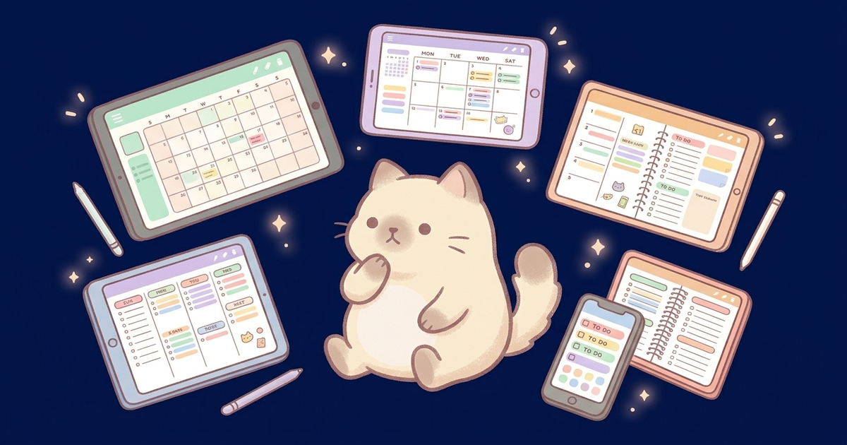 Mambo surrounded by tablet screens showing different planner apps