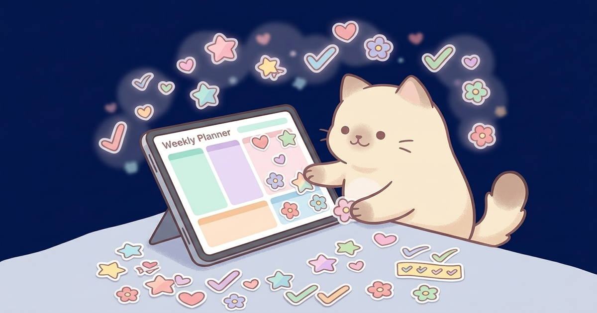 Colorful digital stickers being placed on a planner spread